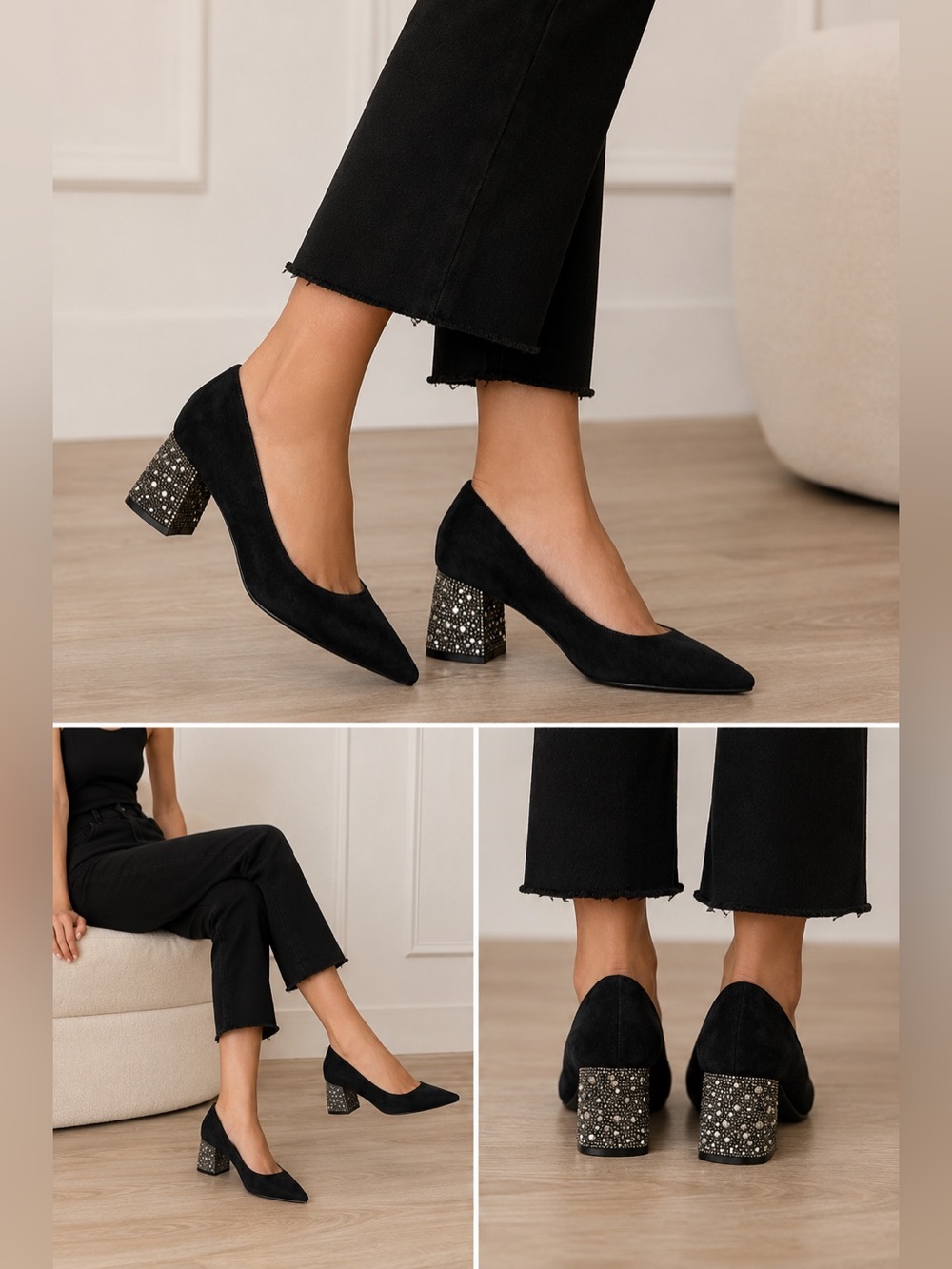 Betsey Johnson pointed-toe pumps black suede upper and rhinestone block heels